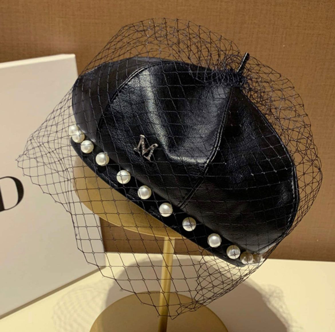 Leather Beret Pearl Lace Cascade Hat